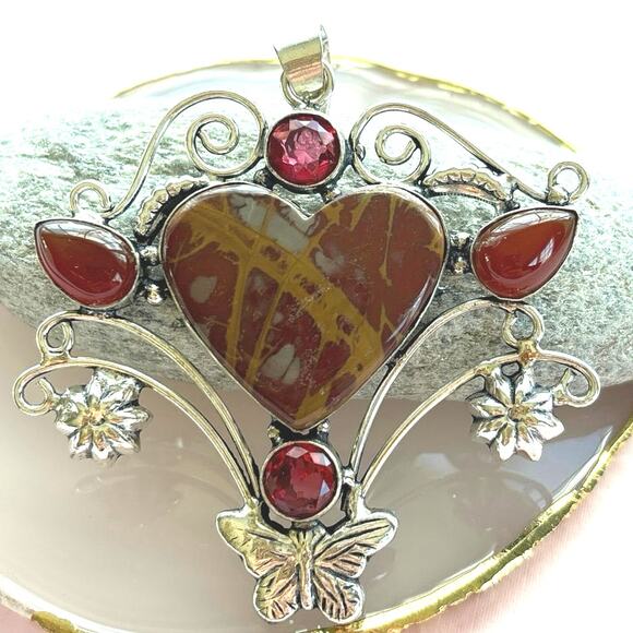 Hand Crafted Jewelry - 925 Sterling Norina Jasper & Carnelian Heart  Pendant
